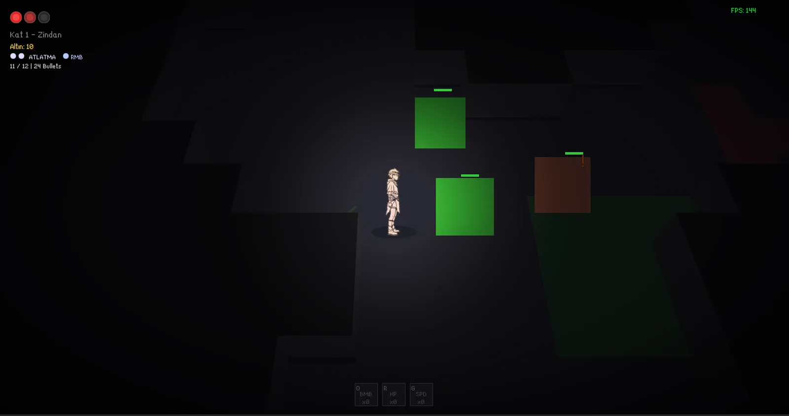 Gunshot gameplay: exploring a dungeon floor